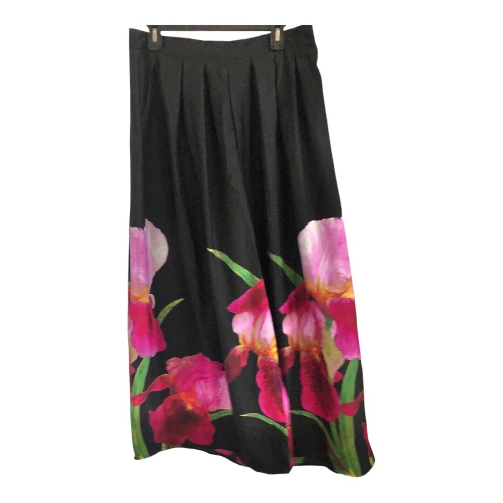 Black pink hibiscus floral tropical print hem wide leg flowy pants size XL new - Picture 13 of 17
